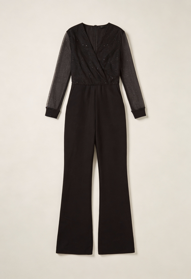 Flared-Leg Wrap Front Jumpsuit with Sheer Sleeves