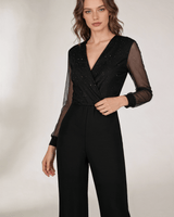 Flared-Leg Wrap Front Jumpsuit with Sheer Sleeves