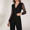 Flared-Leg Wrap Front Jumpsuit with Sheer Sleeves