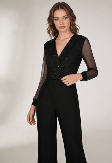 Flared-Leg Wrap Front Jumpsuit with Sheer Sleeves