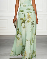 Floral Boat Neck Sleeveless Maxi Dress with Ruched Waist