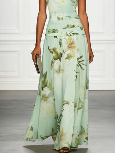 Floral Boat Neck Sleeveless Maxi Dress with Ruched Waist