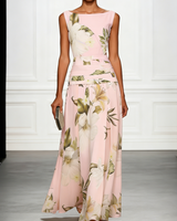 Floral Boat Neck Sleeveless Maxi Dress with Ruched Waist