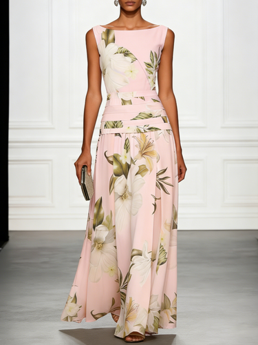 Floral Boat Neck Sleeveless Maxi Dress with Ruched Waist