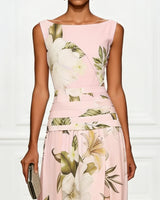 Floral Boat Neck Sleeveless Maxi Dress with Ruched Waist