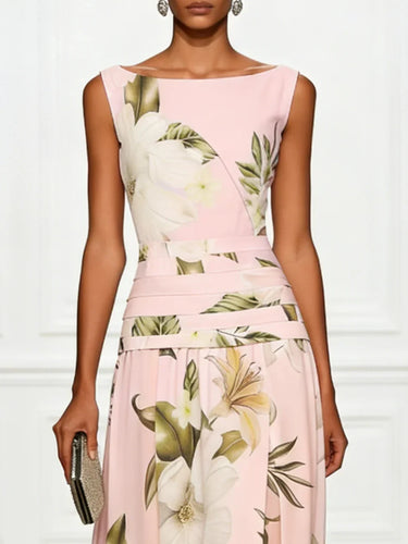 Floral Boat Neck Sleeveless Maxi Dress with Ruched Waist