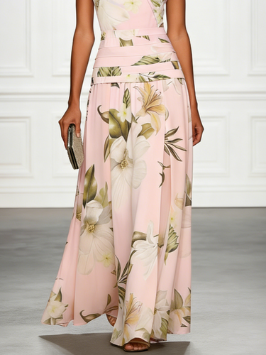 Floral Boat Neck Sleeveless Maxi Dress with Ruched Waist