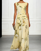 Floral Boat Neck Sleeveless Maxi Dress with Ruched Waist