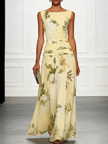 Floral Boat Neck Sleeveless Maxi Dress with Ruched Waist