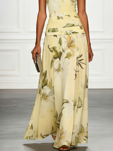Floral Boat Neck Sleeveless Maxi Dress with Ruched Waist