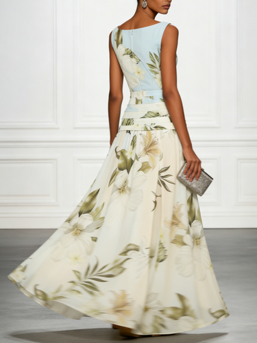 Floral Boat Neck Sleeveless Maxi Dress with Ruched Waist