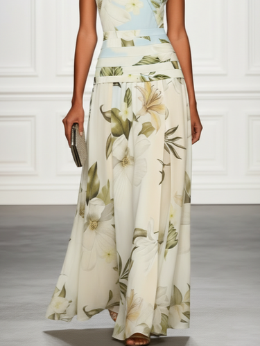 Floral Boat Neck Sleeveless Maxi Dress with Ruched Waist