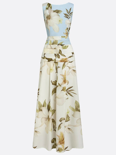 Floral Boat Neck Sleeveless Maxi Dress with Ruched Waist