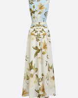 Floral Boat Neck Sleeveless Maxi Dress with Ruched Waist