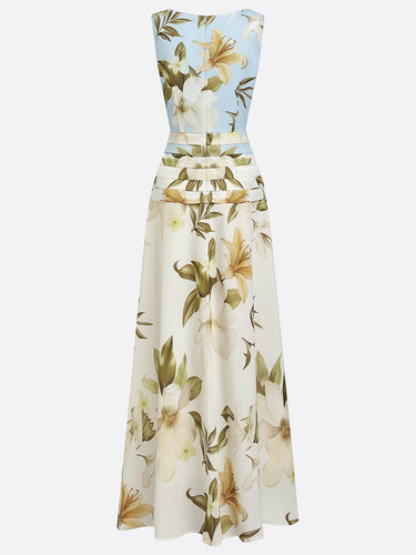 Floral Boat Neck Sleeveless Maxi Dress with Ruched Waist