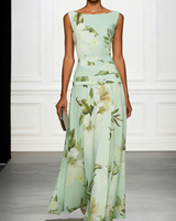 Floral Boat Neck Sleeveless Maxi Dress with Ruched Waist