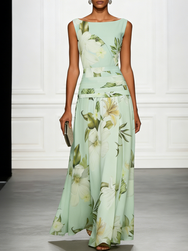 Floral Boat Neck Sleeveless Maxi Dress with Ruched Waist