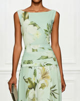 Floral Boat Neck Sleeveless Maxi Dress with Ruched Waist