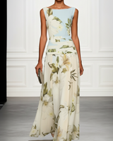 Floral Boat Neck Sleeveless Maxi Dress with Ruched Waist