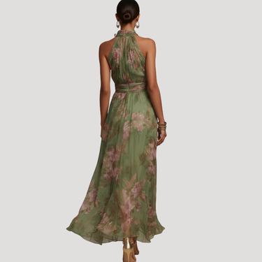 Floral Halter Neck Maxi Dress with Open Shoulder Design