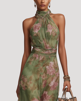 Floral Halter Neck Maxi Dress with Open Shoulder Design