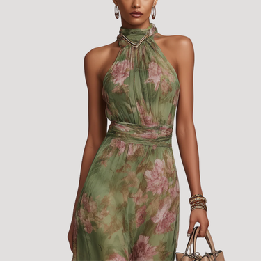 Floral Halter Neck Maxi Dress with Open Shoulder Design