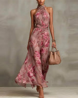 Floral Halter Neck Maxi Dress with Open Shoulder Design