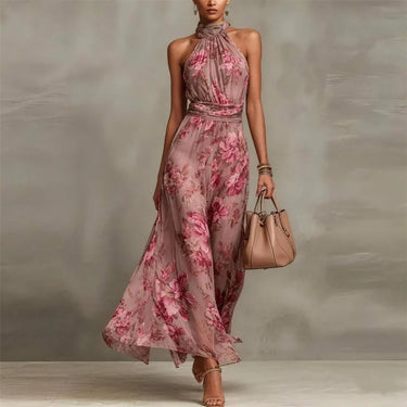 Floral Halter Neck Maxi Dress with Open Shoulder Design