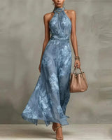 Floral Halter Neck Maxi Dress with Open Shoulder Design