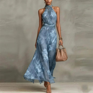 Floral Halter Neck Maxi Dress with Open Shoulder Design