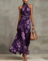 Floral Halter Neck Maxi Dress with Open Shoulder Design