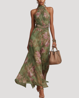 Floral Halter Neck Maxi Dress with Open Shoulder Design