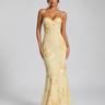 Front view of a floral maxi dress with corset bodice and shoulder straps