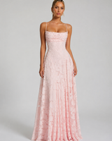 Front view of a floral maxi dress with fitted bodice and delicate shoulder straps