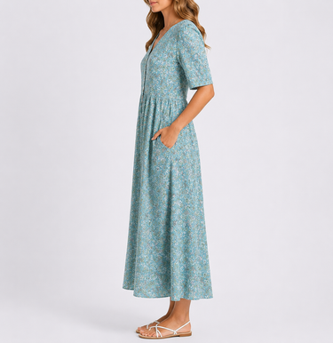 Floral Midi Dress with V Neckline and Short Sleeves
