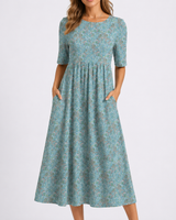 Floral Midi Dress with V Neckline and Short Sleeves