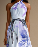 Floral Satin One-Shoulder Maxi Dress with Belted Waist