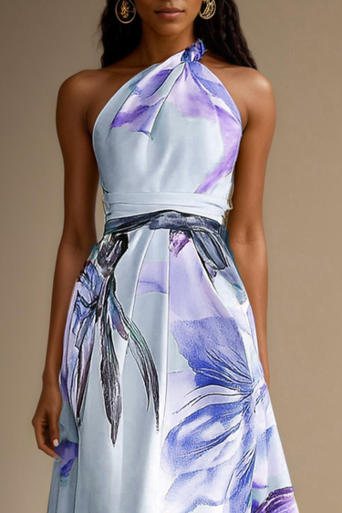 Floral Satin One-Shoulder Maxi Dress with Belted Waist