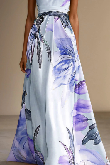 Floral Satin One-Shoulder Maxi Dress with Belted Waist