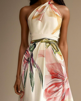 Floral Satin One-Shoulder Maxi Dress with Belted Waist