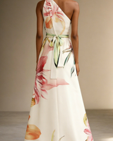 Floral Satin One-Shoulder Maxi Dress with Belted Waist