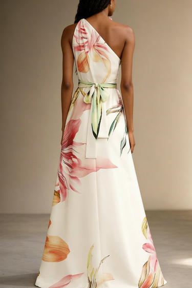 Floral Satin One-Shoulder Maxi Dress with Belted Waist