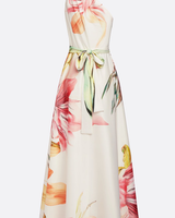 Floral Satin One-Shoulder Maxi Dress with Belted Waist