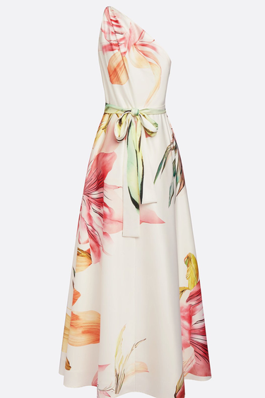 Floral Satin One-Shoulder Maxi Dress with Belted Waist