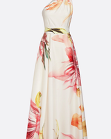 Floral Satin One-Shoulder Maxi Dress with Belted Waist