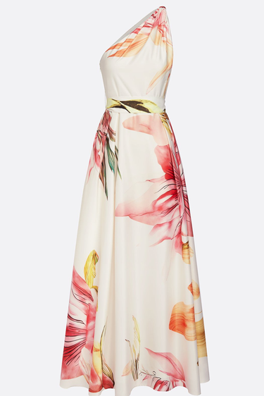 Floral Satin One-Shoulder Maxi Dress with Belted Waist
