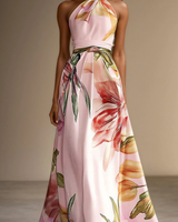 Floral Satin One-Shoulder Maxi Dress with Belted Waist