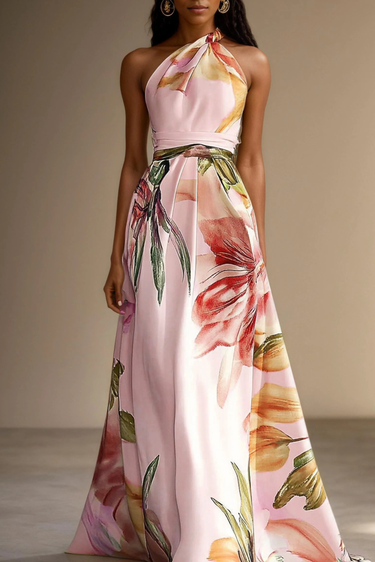 Floral Satin One-Shoulder Maxi Dress with Belted Waist
