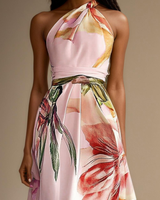 Floral Satin One-Shoulder Maxi Dress with Belted Waist