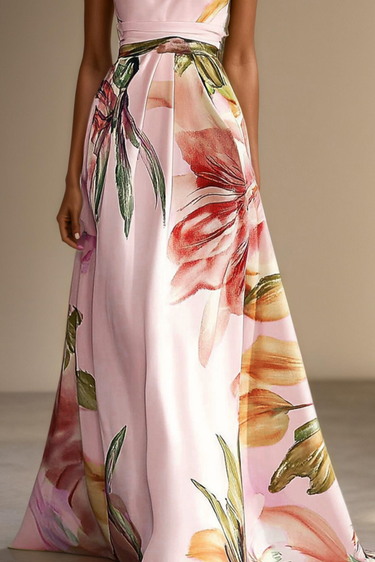 Floral Satin One-Shoulder Maxi Dress with Belted Waist